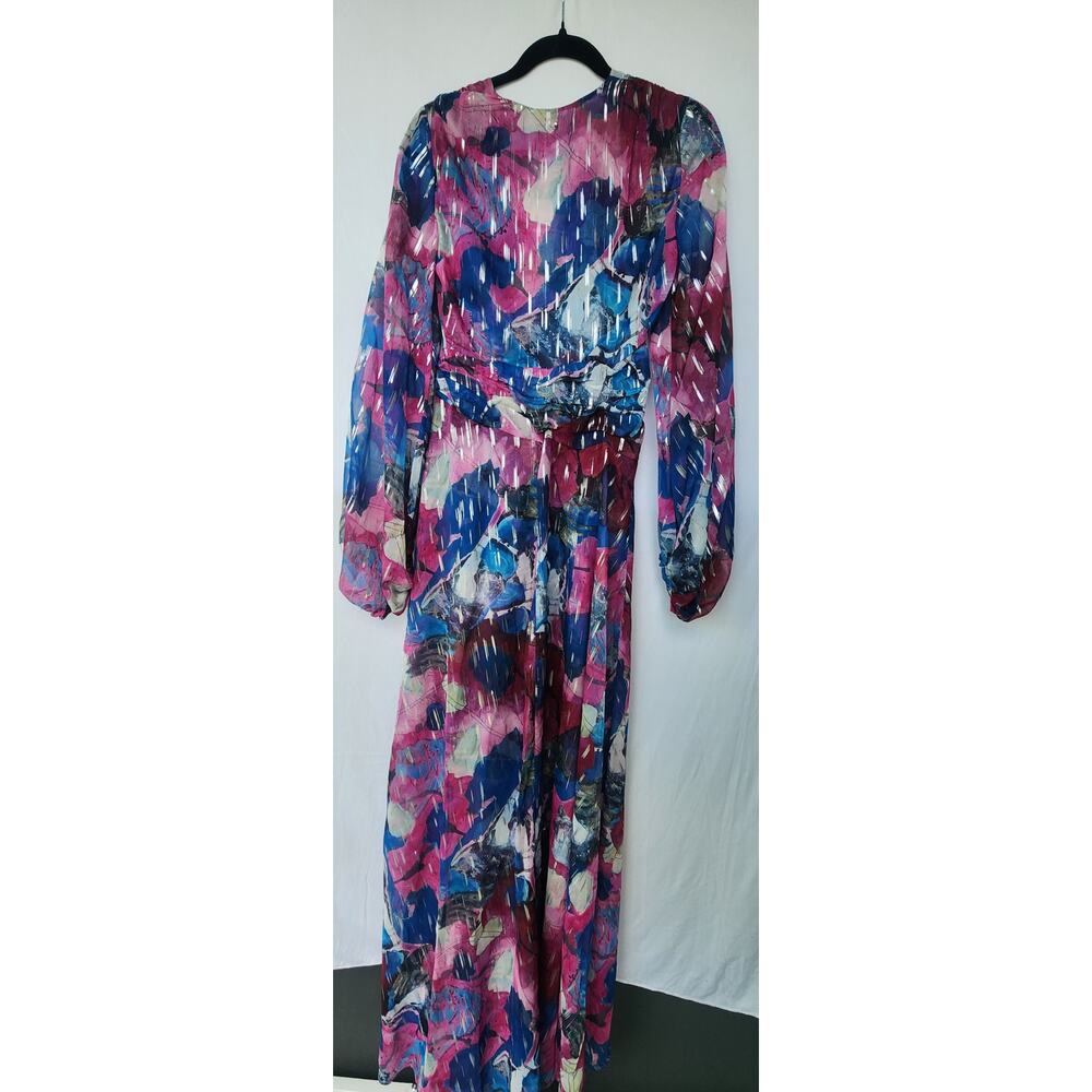 Adrienne Landau Quartz Pink Blue Abstract Metallic Maxi Dress Size 10 NWT Boho